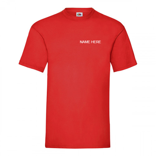 Red t-shirt with 'Your Name' printed in white on front left