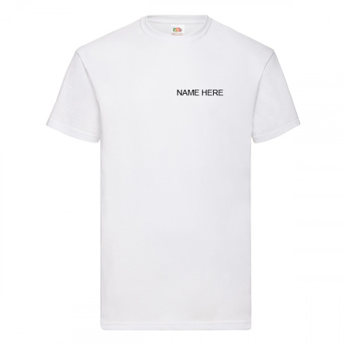 White t-shirt with 'Your Name' printed in black on front left
