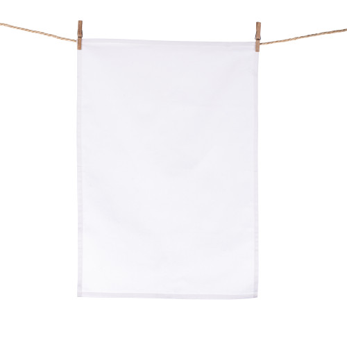 White cotton tea towel, hanging on a line with a clothes peg in the top corners