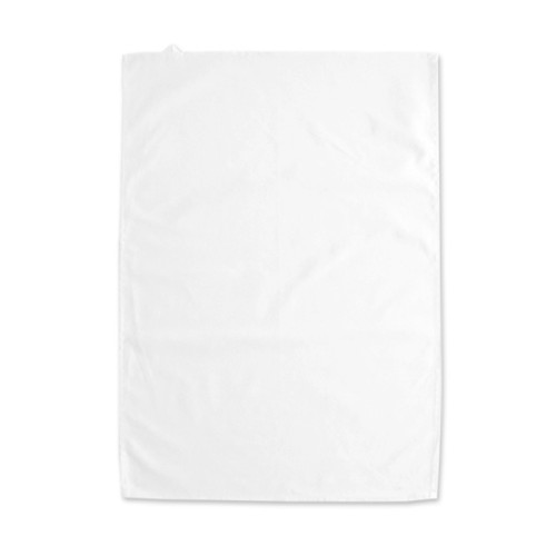 White tea towel hemmed on four sides.
