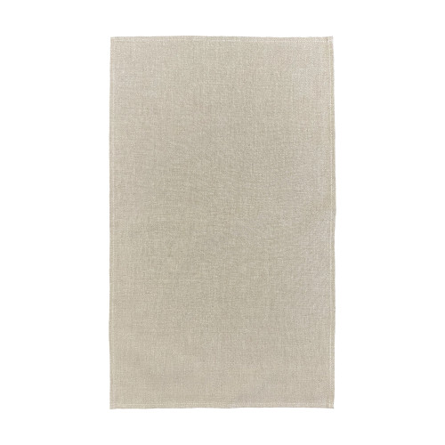 Oatmeal brown coloured tea towel, rectangular in shape, lying flat on a surface.