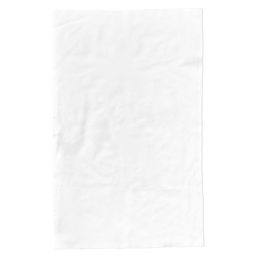 White tea towel with hems on two long sides only. Shorter sides finished with selvedge of the cloth.