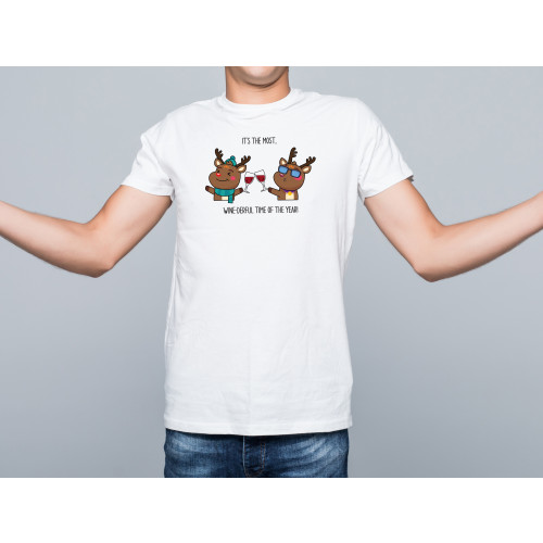 Model wearing white T-Shirt with humourous festive reindeer printed design